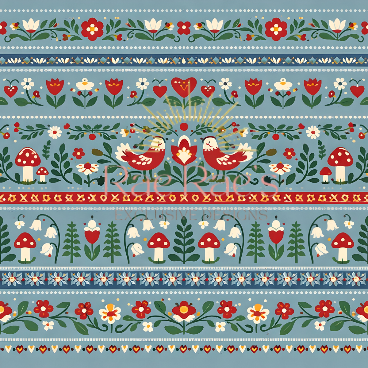 Scandi Folk Stripe Blue Birds
