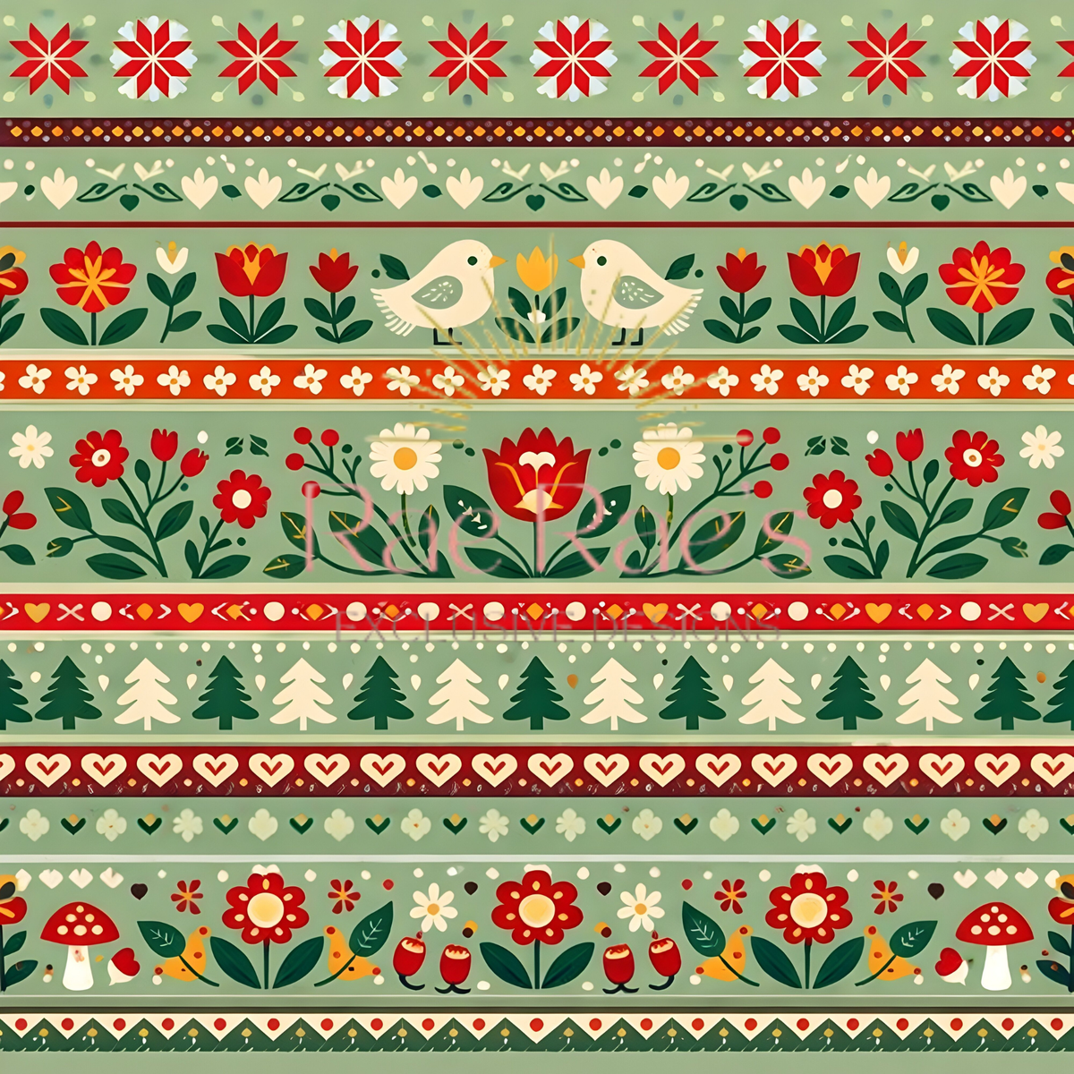Scandi Folk Stripe Green Birds