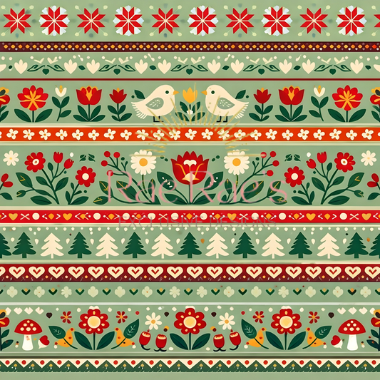 Scandi Folk Stripe Green Birds