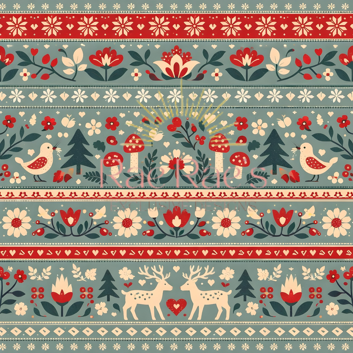 Scandi Folk Stripe Blue Toadstools