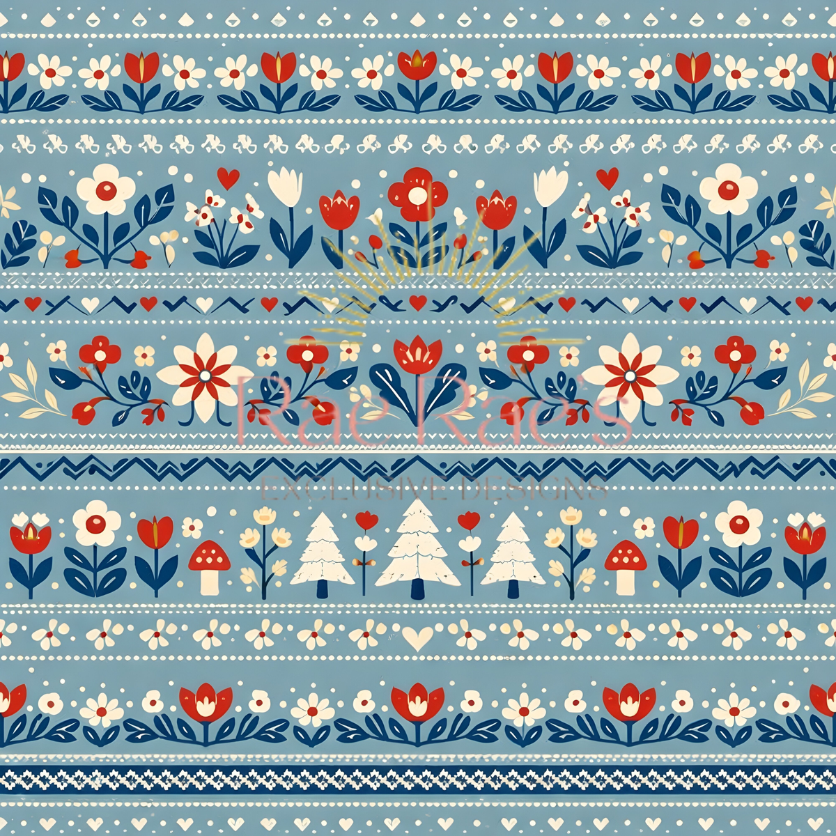 Scandi Folk Stripe Blue Trees