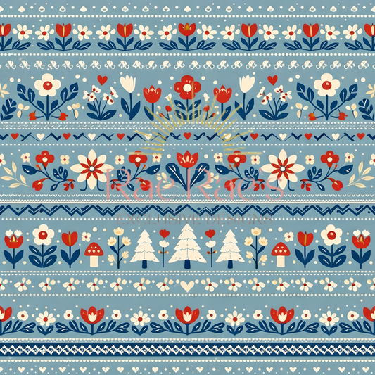 Scandi Folk Stripe Blue Trees