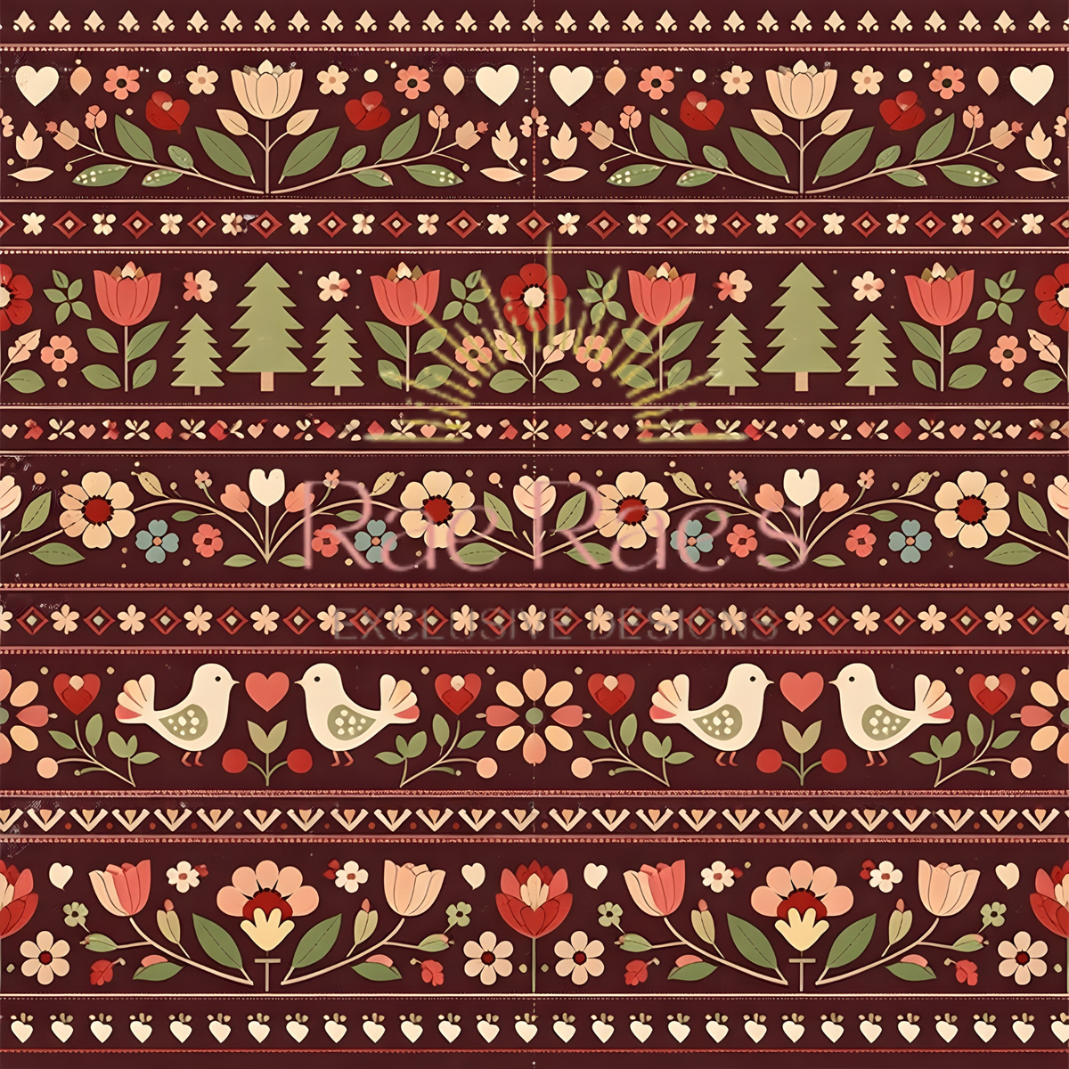 Scandi Folk Stripe Burgundy Trees