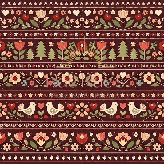 Scandi Folk Stripe Burgundy Trees