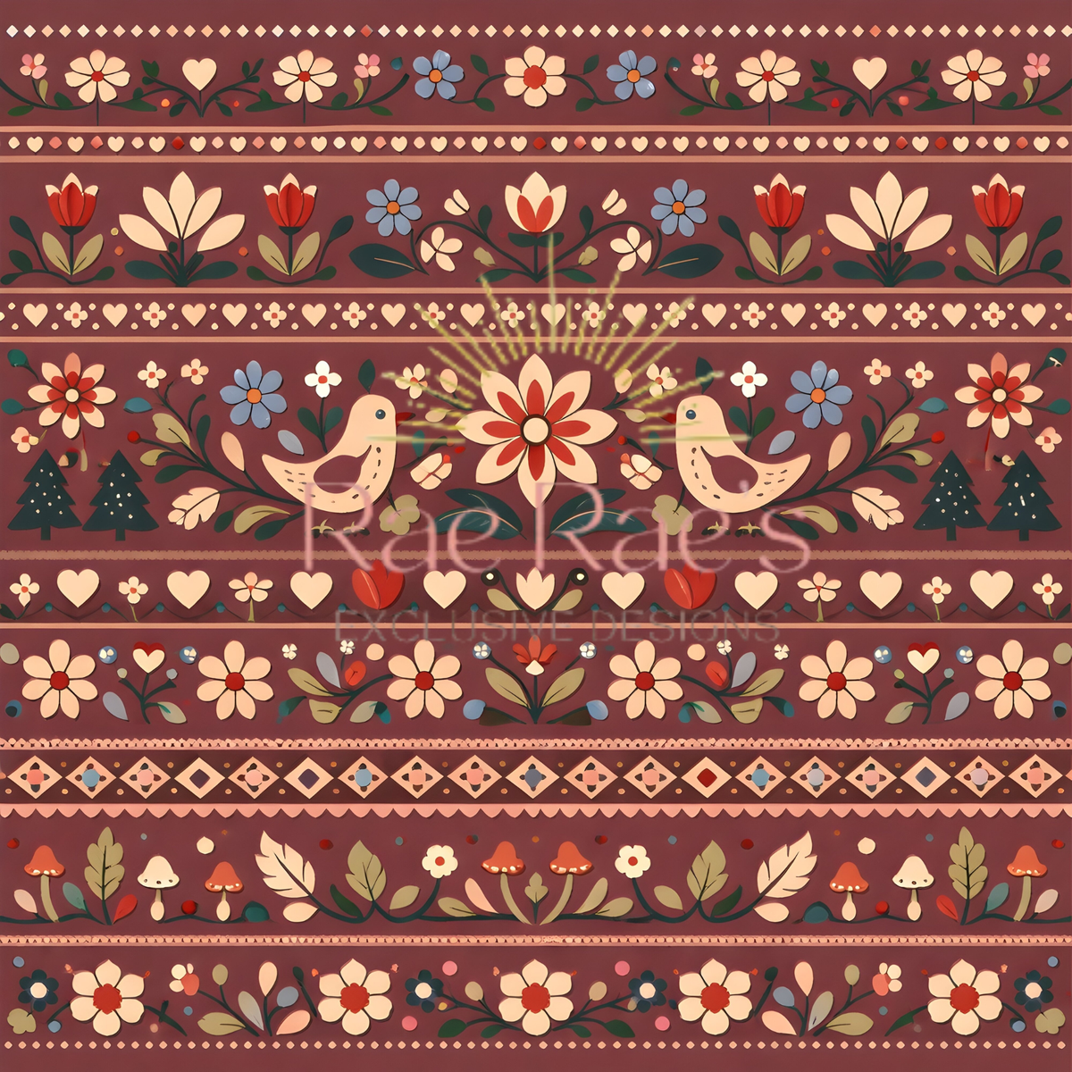 Scandi Folk Stripe Burgundy Bird