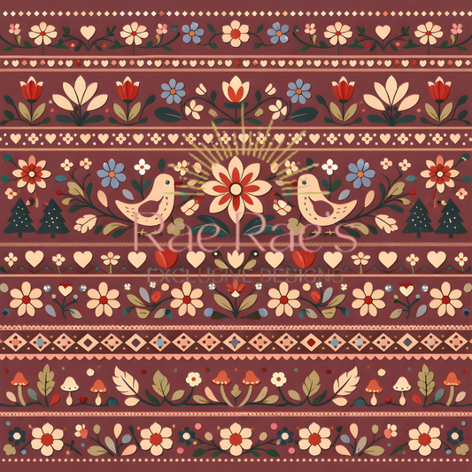Scandi Folk Stripe Burgundy Bird