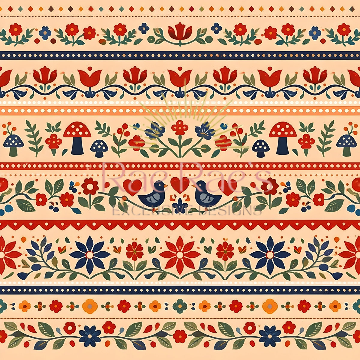 Scandi Folk Stripe Peach Birds